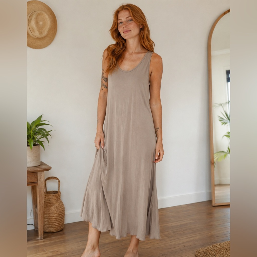 Vintage GHOST London Taupe Maxi Dress - Women's Flowing Summer Dress